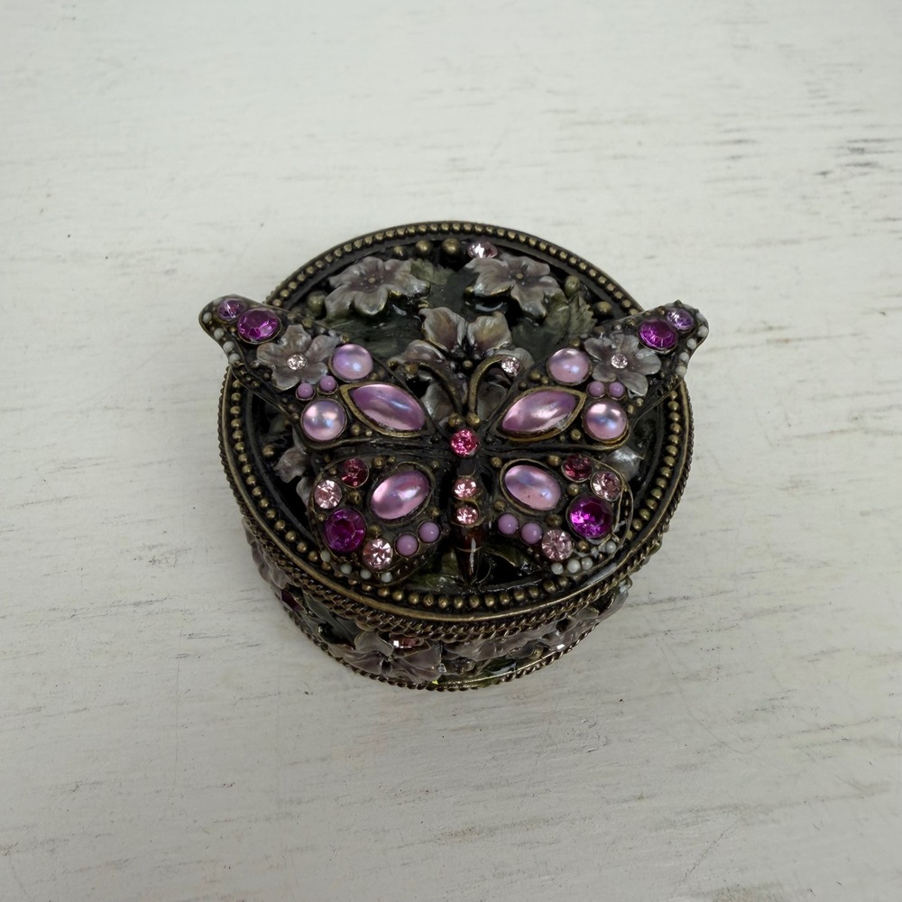Ornate Butterfly Floral Trinket Box Purple Rhinestone Magnetic Bronze Tone